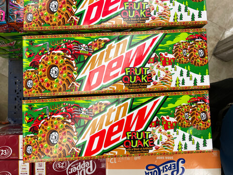 Grocery store holidays merchandise MTN Dew FruitQuake 12 packs holiday edition