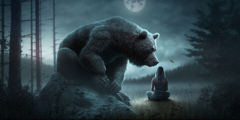 Illustrated A Generated Image. Bear and a human looking at each other.