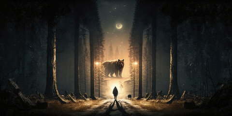 Person in the woods facing a bear. Ai generated image.