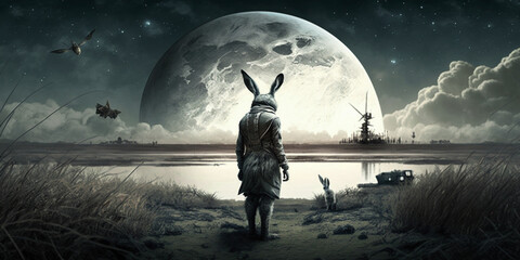 Fantasy illustration, ai generated. Moon in the background with a Rabbit looking away.