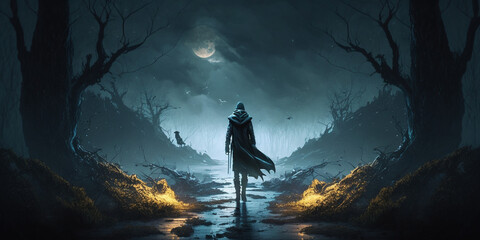 Illustrated, ai generated. Person walking into a wasteland at Dusk.