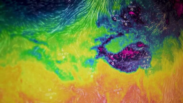 Fierce winds and heat map over Atlantic ocean. Camera shot of a computer screen.