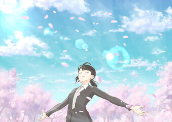 深呼吸する新社会人_桜と桜吹雪あり_フレア有