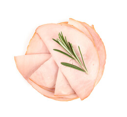 Slices of tasty ham and rosemary isolated on white background