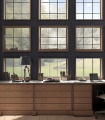 large wall of windows in a home office, generative ai
