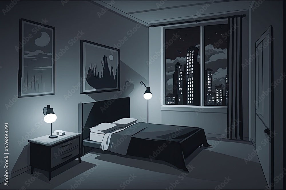 Poster twilight in a room with a concrete wall and a bed that is empty and standing on the floor. loft styl