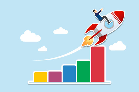 Business growth, investment profit increase, growing fast or improvement sales and revenue, progress or development concept, businessman riding rocket on growth bar graph or rising up revenue chart. P © B Design