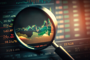 Magnifying glass search of investing and stock market over a graph chart. Generative AI