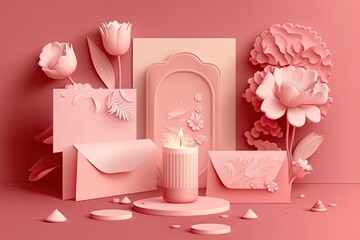 Flowers, a candle, a present, and some envelopes, all on a pretty pink background. Party in honor of St. Valentine. Generative AI