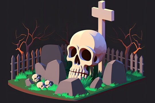 Illustration of a human skull and a strewn graveyard on a dark backdrop for Halloween. Generative AI