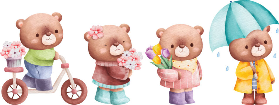 Watercolor Illustration set of cute teddy bear in spring season