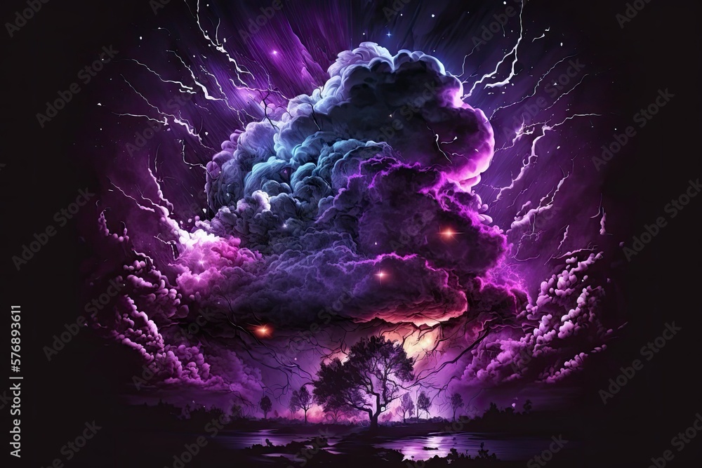 Poster dark and mysterious purple clouds rolling in with flashes of lightning. generative ai