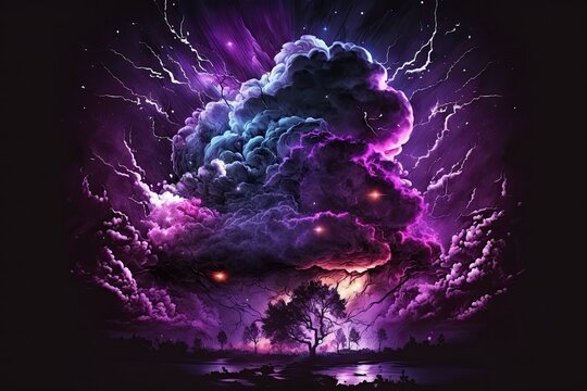 dark and mysterious purple clouds rolling in with flashes of lightning. Generative AI