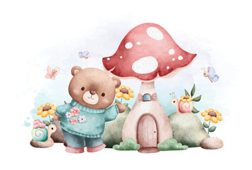 Watercolor Illustration Spring Teddy bear in the garden