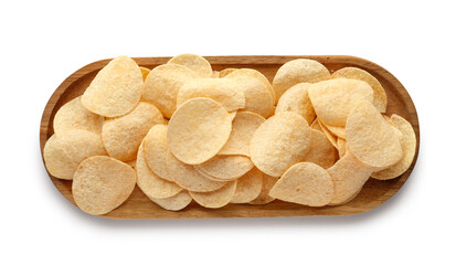 Board with delicious potato chips isolated on white background