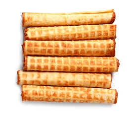 Delicious wafer rolls with boiled condensed milk isolated on white background