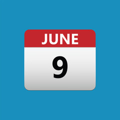9th June calendar icon. June 9 calendar Date Month icon