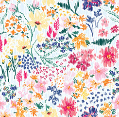 Summer Meadow Flower With Leaf Line Art Sketch Seamless Pattern Print On Blue-White Background 