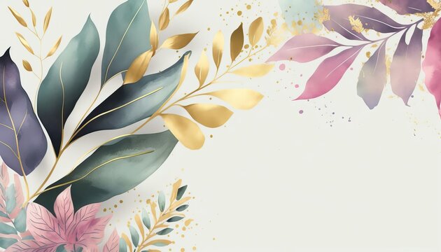 4K resolution or higher, spring background vector.  watercolor and gold brush texture, Flower and botanical leaves drawing. Generative AI Technology