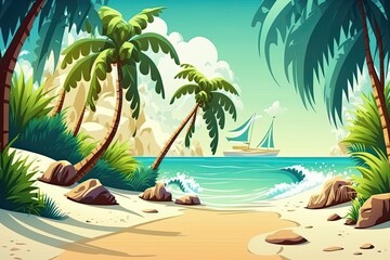 Fototapeta na wymiar Lovely white sand tropical beach with palm trees. Vacation and holiday planning ideas. Generative AI