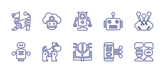 Artificial intelligence line icon set. Editable stroke. Vector illustration. Containing robot, cloud, artificial intelligence, robot dog, machine learning, chatbot.