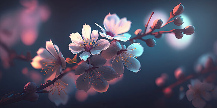 Cherry blossom branch bursting with vibrant colors, displaying delicate pink petals in full bloom against a night sky