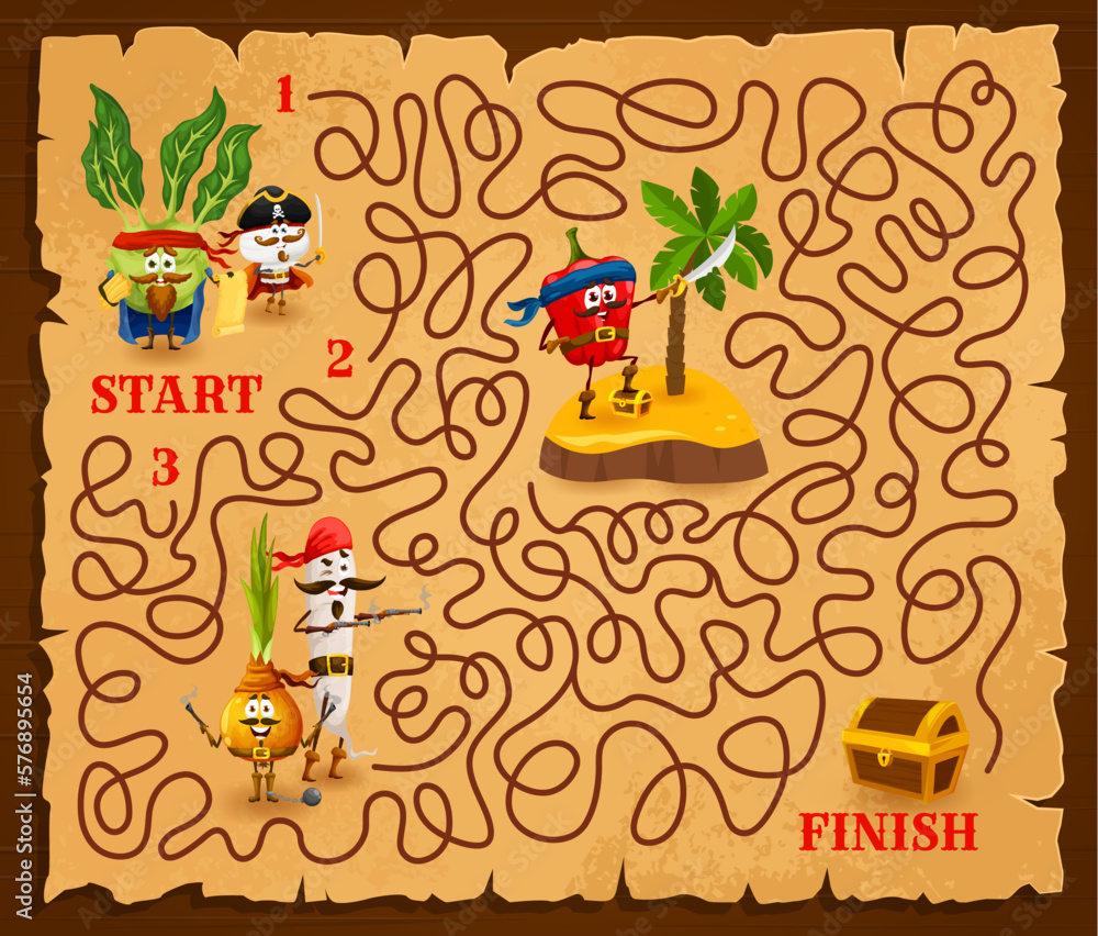 Poster labyrinth maze cartoon vegetable pirates and corsairs characters with treasure chest. kids vector wo