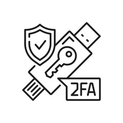 2FA two factor authentication, USB access key token vector icon of 2 step verification. 2FA authentication icon of key token and shield for user identification, secure access and identity verification