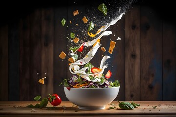 Fresh ingredients for salad falling into bowl, Salad being mixed in the air, Ai generated