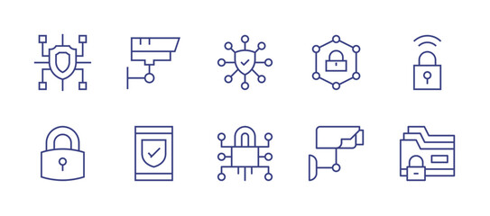 Security line icon set. Editable stroke. Vector illustration. Containing cyber, security camera, security, access, smart lock, lock, protect, cyber security, data security.