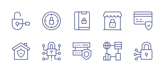 Security line icon set. Editable stroke. Vector illustration. Containing locksmith, timer, padlock, shop, payment, home security, server, vault, cyber security.
