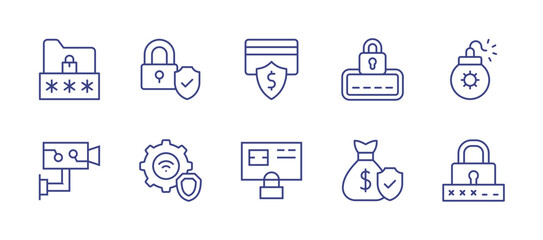 Security line icon set. Editable stroke. Vector illustration. Containing folder, padlock, secure payment, password, cctv, protection, credit card, money bag.