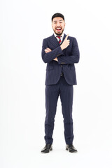 A man in a suit posing with his index finger up