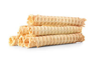 Stack of delicious wafer rolls isolated on white background