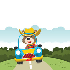 Obraz na płótnie Canvas cute bear driving a car go to forest funny animal cartoon. Creative vector childish background for fabric, textile, nursery wallpaper, poster, card, brochure. and other decoration.