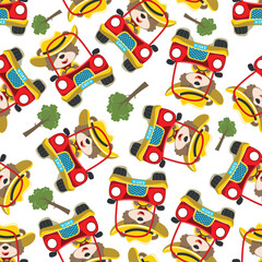 Seamless pattern of cute little fox driving a car go to forest funny animal cartoon,vector illustration. Vector illustration. T-Shirt Design for children. Design elements for kids.