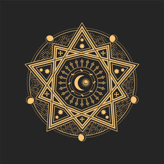 Esoteric occult vector sign with moon crescent, Sun and powerful crosses in big star with ten points and circle. Astrological amulet, pentagram, tarot symbol, spiritual magic talisman or mason emblem