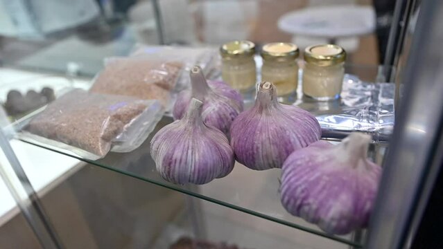 Garlic and its varieties are displayed during the Gulfood Exhibition in the United Arab Emirates.