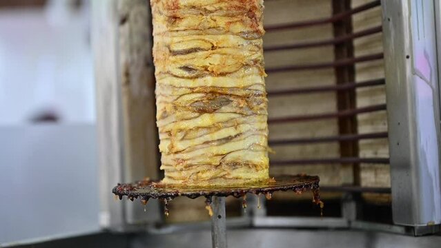 Chicken shawarma on the grill displayed during the Gulf Food Exhibition in the United Arab Emirates.