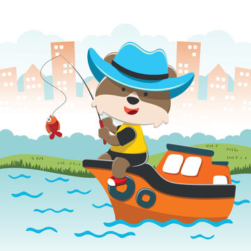 Funny fox cartoon vector on little boat with cartoon style. Creative vector childish background for fabric, textile, nursery wallpaper, poster, card, brochure. and other decoration.