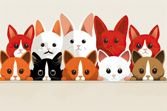 Hiding in plain sight, a row of adorable kittens, puppies, and cats with floppy ears and paws form a banner. Placed in a solitary context; the background is white. Generative AI