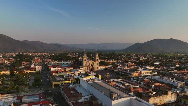 City Centre With The Cathedral In Tuxpan, Jalisco, Mexico. Aerial Wide Shot