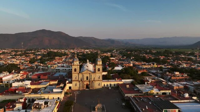 Panoramic Aerial View Of The Cathedral In The Historical Town Of Tuxpan, Jalisco Mexico.