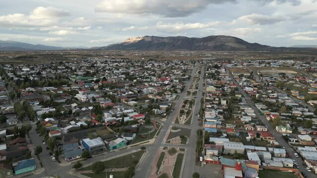 Scenic Cityscape of Puerto Natales City, Chile, Torres del Paine Mountain Landscape, Aerial Drone View