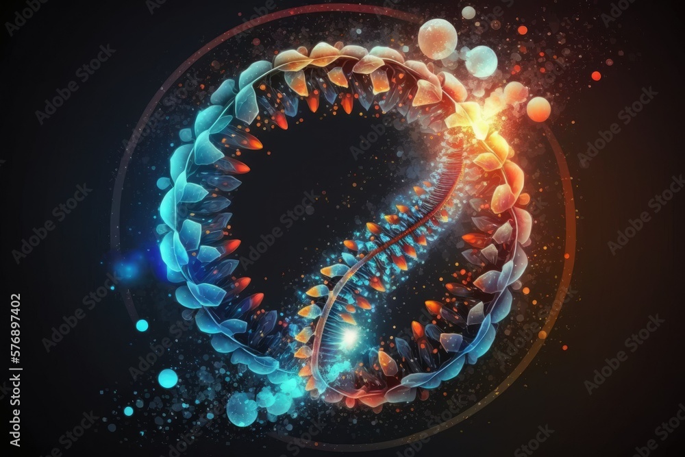 Poster bokeh effect of blue color with a brilliant dna particle. generative ai