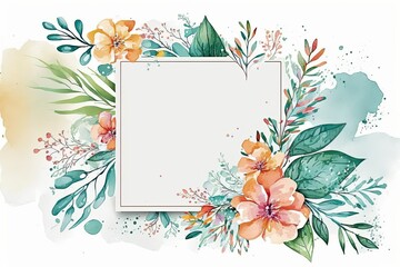 A Square Watercolor Floral Border Background Design. Generative AI