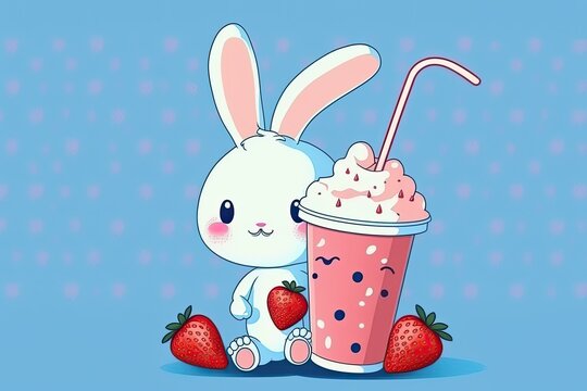 Cartoon bunny drinking strawberry milk on a pink background; can be used as a seamless pattern. Illustration,Photo,Poster,Kids Artwork,Wallpaper,Cute. Generative AI