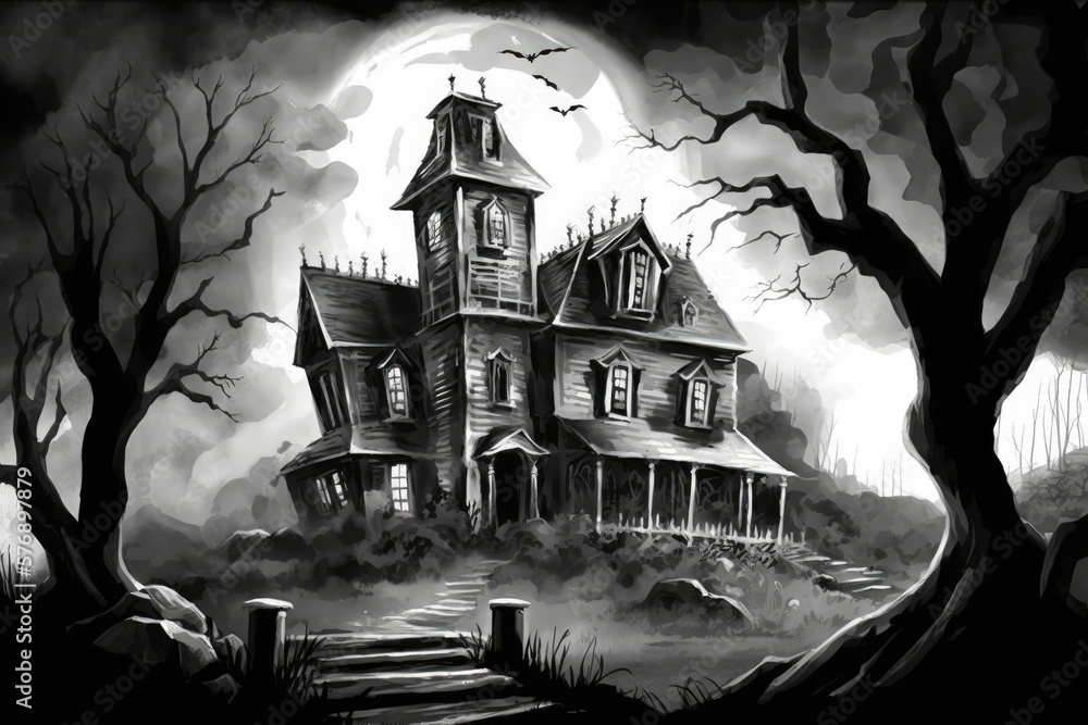 Poster digital painting technique used to create a halloween haunted house backdrop. generative ai