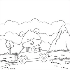 Cute fox driving a car go to forest funny animal cartoon. Childish design for kids activity colouring book or page.