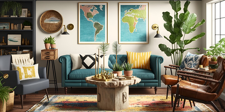 Boho style living room design, Colorful boho living room, Beautiful bohemian living room, Modern bohemian living room, Rustic boho living room, Colorful boho living room, generative ai